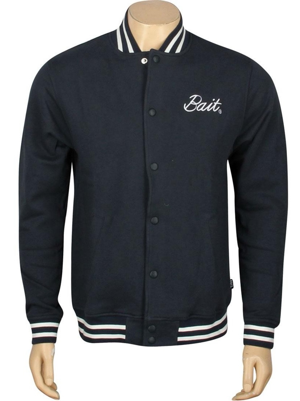 BAIT Navy Varsity Bomber Jacket with Stripe Trim